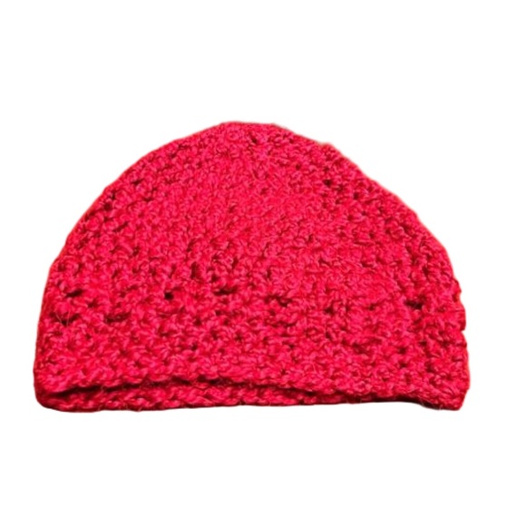 ♥️Handmade Crochet Hat Red Acrylic with Crochet Flower Appliqué - Picture 2 of 5